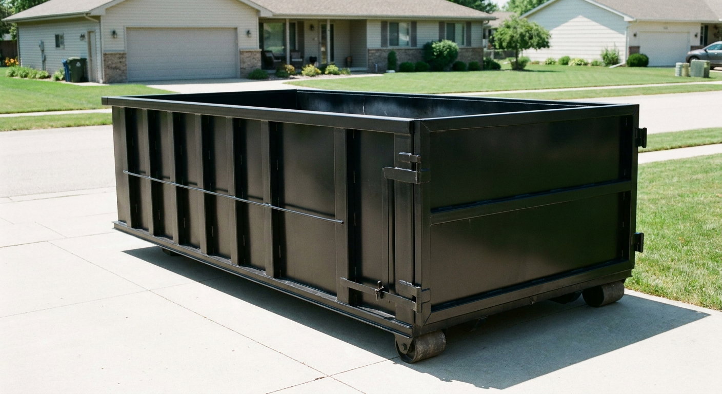 Matte-black 10-yard roll-off dumpster on a residential concrete driveway in West Covina, uniformly painted matte black across every panel and rail, ribbed steel sidewalls and rear swing door visible, mid-day daylight.