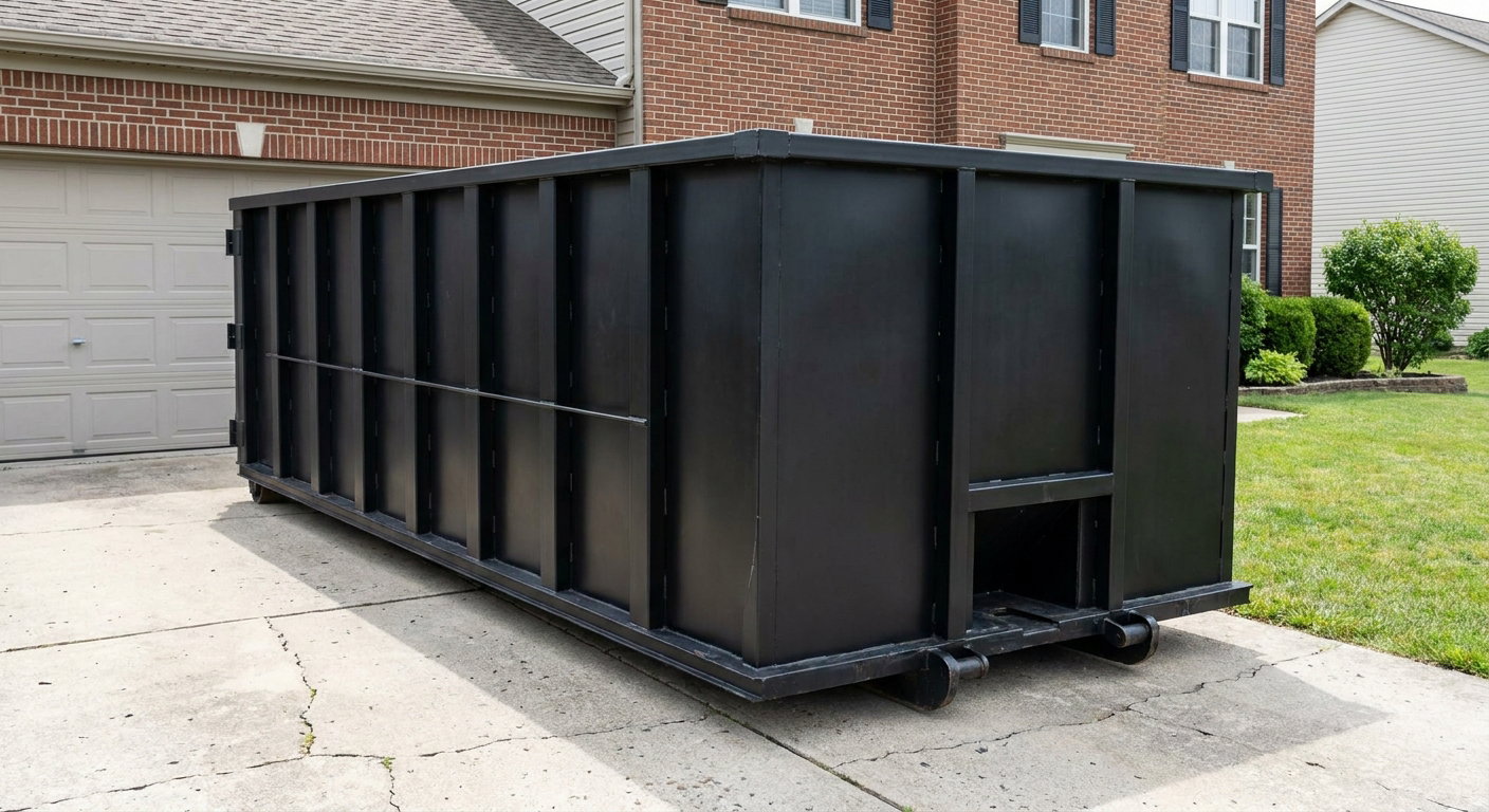 Matte-black 20-yard roll-off container on a West Covina residential concrete driveway with reinforced ribbed steel sidewalls and a hinged rear walk-in door, clean bright daylight.