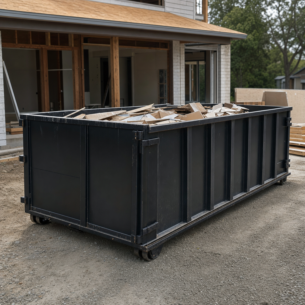 Large matte-black 30-yard construction roll-off dumpster at an active West Covina jobsite, steel-gray top rails and bottom rollers visible, loaded with construction debris.