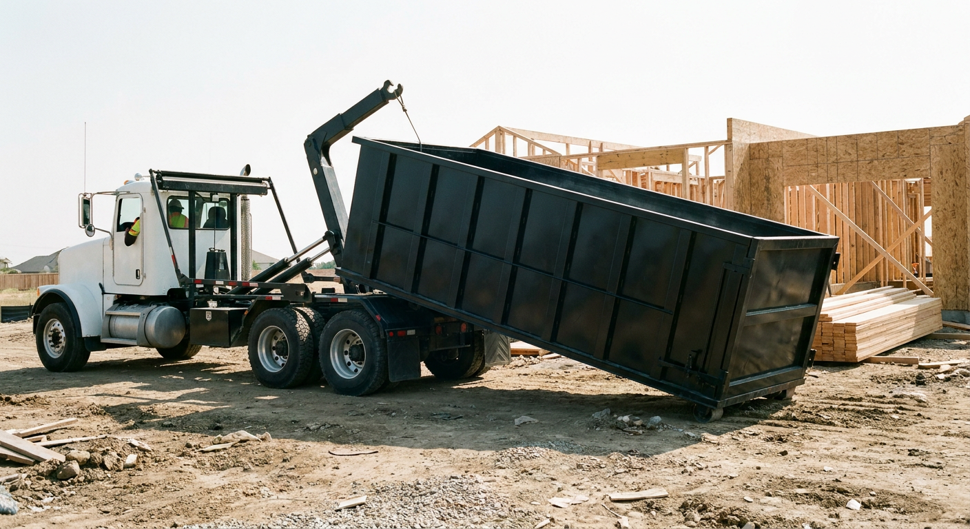 Matte-black roll-off dumpster being delivered onto a clean residential concrete driveway in West Covina by an unmarked white hooklift hauler truck, bright morning daylight, documentary 35mm perspective.